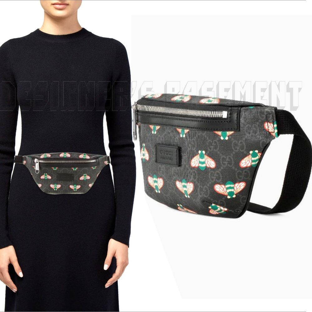 GUCCI black leather BESTIARY Bee GG Supreme canvas crossbody 90-36 Belt BUM bag